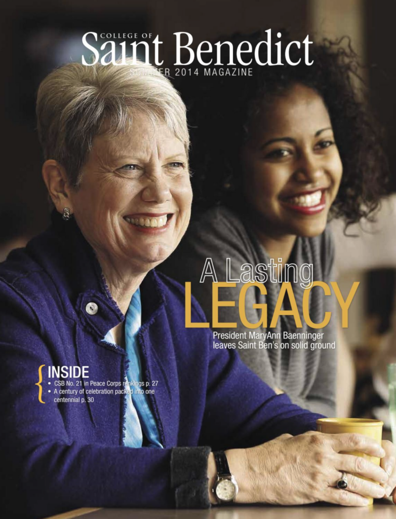 Two women seated, smiling and conversing. The older woman wears a blue sweater, and the younger woman wears a gray top. Text reads: "A Lasting Legacy - President MaryAnn Baenninger leaves Saint Ben's on solid ground." College of Saint Benedict Summer 2014 Magazine.